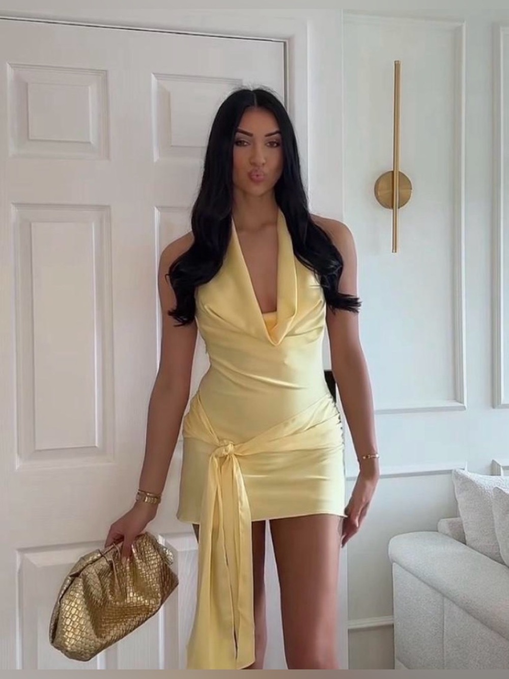 🔥🔥Zara Yellow Cowl Neck Satin halter Mini Dress